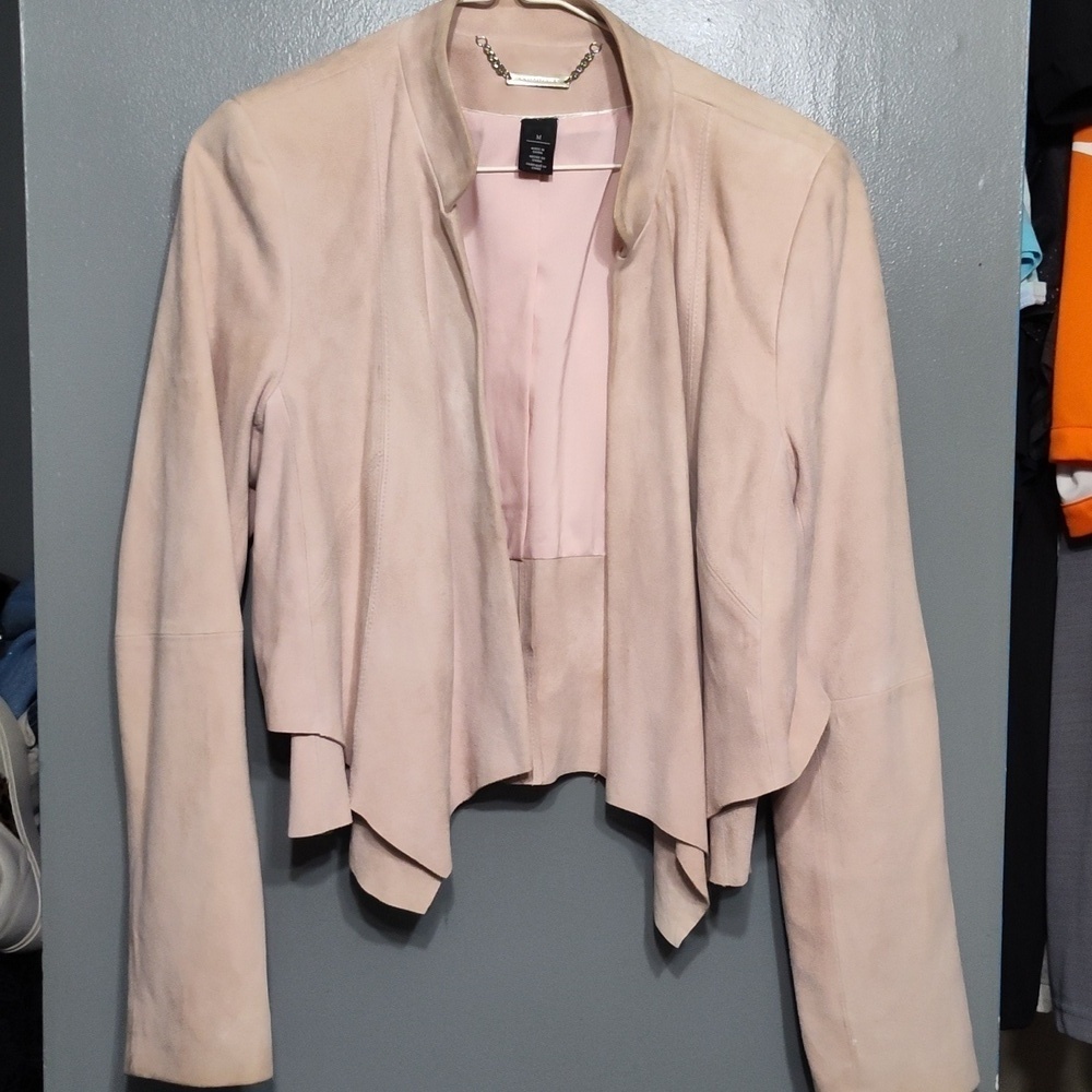 White House Black Market Flounce-Front Suede Jacket cropped light pink size m